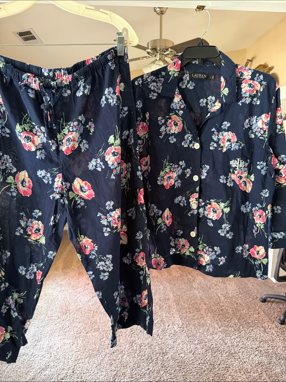 Lauren Ralph Lauren Navy Floral Cotton Pajama Set with Pink Blooms